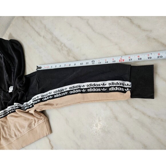 Adidas Originals Women's Beige Black Logo Tape Cropped Hoodie Sweatshirt Size 32 - Picture 7 of 12